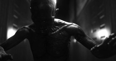 Image of human like monster in dark tunnel being stunned. Horror, fright, image games and science fiction concept digitally generated image.