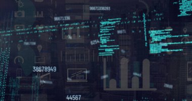 Gri arkaplan üzerinde veri işleme resmi. Küresel bilim, bağlantılar, veri işleme ve dijital arayüz kavramı dijital olarak oluşturuldu.