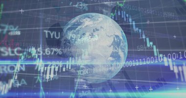 Siyah arkaplanda veri işleme üzerinden küresel ve bağlantı ağının resmi. Küresel finans teknolojisi ve dijital arayüz konsepti dijital olarak oluşturulmuş görüntü.