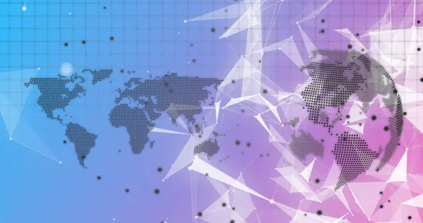 Image of globe and communication networks over world map on pink and blue background. Global communication, business, data and digital interface concept digitally generated image.