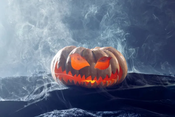 Composition Halloween Carved Pumpkin Smoke Black Background Halloween Tradition Celebration — Foto Stock