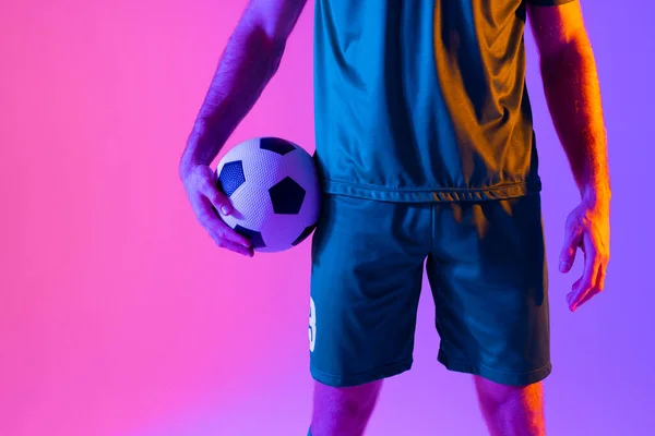 Caucasian Male Soccer Player Football Neon Pink Lighting Sport Movement — Stock Photo, Image