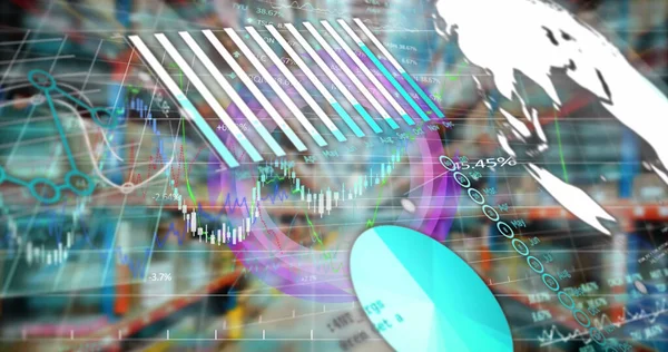 Image of graph, charts, globe and data processing over warehouse interior. Global communication, business, data and digital interface concept digitally generated image.