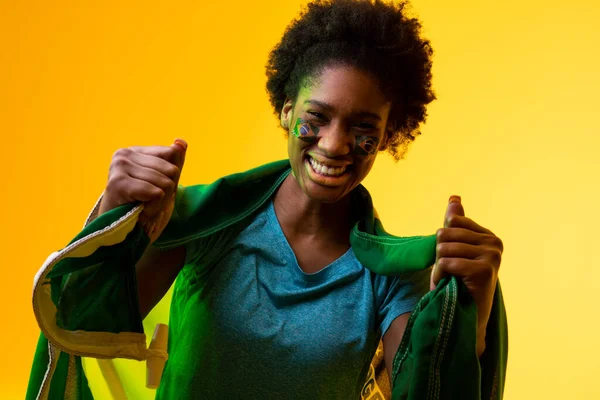 Image African American Female Soccer Fan Flag Brazil Cheering Yellow — Fotografia de Stock