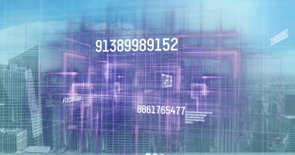 Image of numbers changing and data processing over cityscape. global business, data processing and digital interface concept digitally generated image.