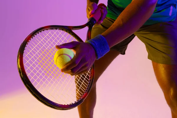 Image Midsection African American Male Tennis Player Violet Yellow Neon — Fotografia de Stock