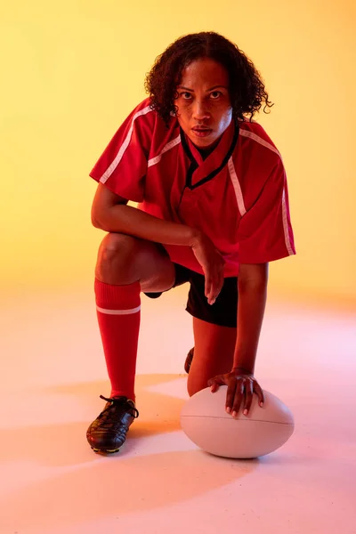 Portrait African American Female Rugby Player Rugby Ball Neon Yellow — Stok Foto