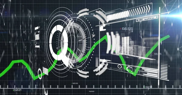 Image of scope scanning, green line, statistics recording and data processing over screen. global business, finance, data processing and digital interface concept digitally generated image.