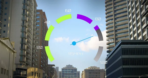 Afbeelding Van Snelheidsmeter Stadsgezicht Global Business Financiën Gegevensverwerking Digitaal Interface — Stockfoto