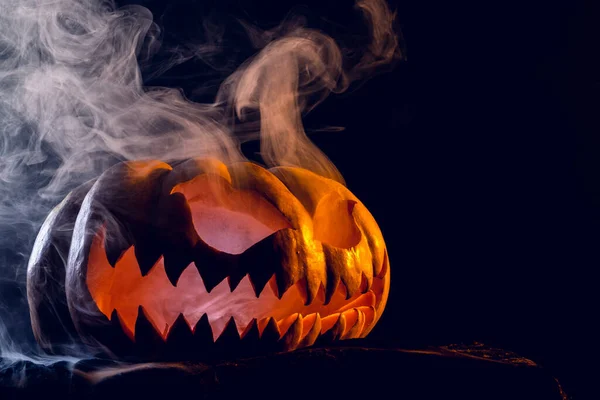 Composition Halloween Carved Pumpkin Smoke Orange Light Black Background Halloween — Stockfoto