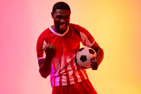 Portrait Happy African American Male Soccer Player Football Neon Pink — 图库照片