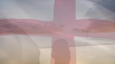 Manzara üzerinde İngiltere bayrağının canlandırılması. Küresel spor ve ulusal bayraklar konsepti dijital olarak oluşturulmuş video.