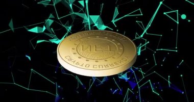 Altın madeni para üzerindeki nft metnin animasyonu ve karanlık arkaplan üzerindeki bağlantılar ağı. Küresel iş, finans, veri işleme ve dijital arayüz kavramı dijital olarak oluşturulmuş video.