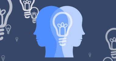 Donanma arka planında mavi yüzler üzerinde ampullerin canlandırılması. Zihin, konsept, fikirler ve teknoloji konsepti dijital olarak oluşturulmuş video.