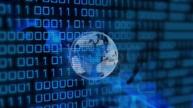 Dünya üzerindeki şekillerin animasyonu ve veri işleme. Küresel iş ve dijital arayüz kavramı dijital olarak oluşturulmuş video.