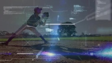 Çeşitli bayan beyzbol oyuncuları üzerinde veri işleme animasyonu. Küresel spor ve dijital arayüz kavramı dijital olarak oluşturulmuş video.