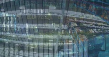 Depoda veri işleme animasyonu. Küresel iş ve dijital arayüz kavramı dijital olarak oluşturulmuş video.