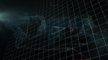 Matematiksel denklemlerin veri işleme ve dünya haritası üzerine animasyonu. Küresel teknoloji, bilgisayar ve dijital arayüz kavramı dijital olarak oluşturulmuş video.