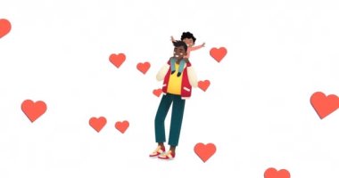 Africna Amerikan baba ve oğlunun beyaz arka planda, kalpleri olan bir animasyonu. Aile ve evlat edinme kavramı dijital olarak oluşturulmuş video.