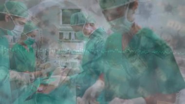 Animation of data processing and virus cells over diverse surgeons during surgery. Global medicine and digital interface concept digitally generated video.
