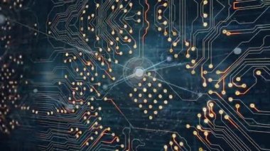 Animation of integrated circuit over connections and digital screen. Global network, connections, data processing and technology concept digitally generated video.