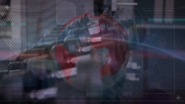 Animation of data on digital screen over globe and balls. Sport, competition and digital interface concept digitally generated video.