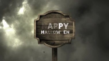 Yarasaların üzerinde mutlu cadılar bayramı metni olan işaret animasyonu. Cadılar Bayramı, kutlama ve dijital arayüz konsepti dijital olarak oluşturulmuş video.