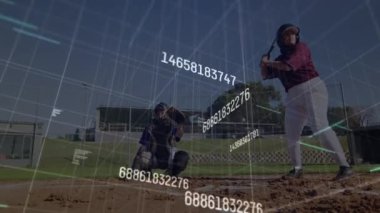 Çeşitli beyzbol oyuncuları üzerinde veri işleme animasyonu. Küresel spor, bilgisayar ve dijital arayüz kavramı dijital olarak oluşturulmuş video.