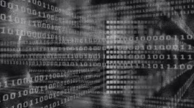 Siyah arkaplanda veri işleme animasyonu. Küresel teknoloji, bilgisayar ve dijital arayüz kavramı dijital olarak oluşturulmuş video.