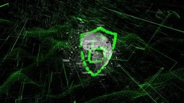 Siyah arkaplanda asma kilit ikonu üzerinde dünya ile veri işleme animasyonu. Küresel teknoloji ve dijital arayüz konsepti dijital olarak oluşturulmuş video.