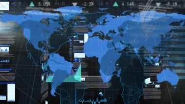 Veri işleme üzerine dünya haritasının animasyonu. küresel iş ve dijital arayüz kavramı dijital olarak oluşturulmuş video.