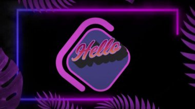 Animation of hello text over purple leaves on dark background. World hello day concept digitally generated video.