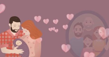 Kafkas ebeveynlerin pembe arka planda bebekleri ve kalpleri var. Aile ve evlat edinme kavramı dijital olarak oluşturulmuş video.
