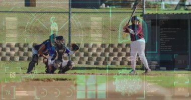 Çeşitli beyzbol oyuncuları üzerinde veri işleme animasyonu. Küresel spor ve dijital arayüz kavramı dijital olarak oluşturulmuş video.