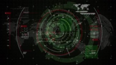 Animation of scope scanning over data processing with world map and globe. Global business, computing and digital interface concept digitally generated video.