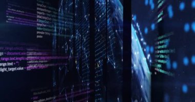 Siyah arkaplanda veri işleme ve küre animasyonu. küresel iş ve dijital arayüz kavramı dijital olarak oluşturulmuş video.