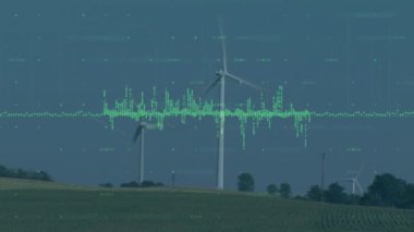 Rüzgar türbini üzerinde veri işleme animasyonu. Küresel iş ve dijital arayüz kavramı dijital olarak oluşturulmuş video.