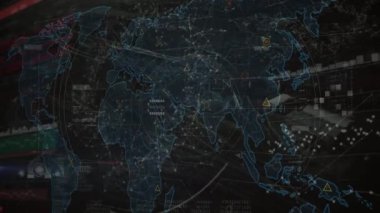 Kapsam taraması, dünya haritası ve şehir haritası üzerinde veri işleme animasyonu. Küresel teknoloji, bilgisayar ve dijital arayüz kavramı dijital olarak oluşturulmuş video.