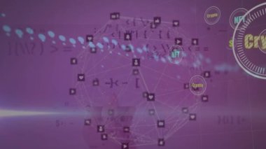 Döviz simgeleriyle tarama kapsamındaki bağlantı küresiyle veri işleme animasyonu. Küresel iş, bilgisayar ve dijital arayüz kavramı dijital olarak oluşturulmuş video.