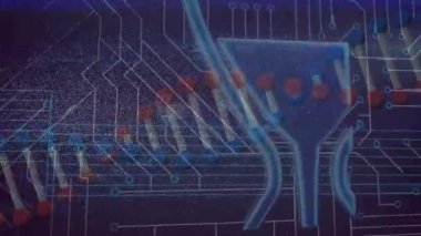 Veri işleme ve bilgisayar devre kartı üzerinde nft metin ve DNA iplikçiklerinin animasyonu. Küresel teknoloji, bilgisayar ve dijital arayüz kavramı dijital olarak oluşturulmuş video.