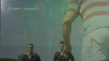 Kafkas erkek rugby oyuncuları üzerinde veri işleme animasyonu. Küresel spor ve dijital arayüz kavramı dijital olarak oluşturulmuş video.