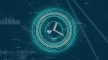 Bağlantılar ve veri işleme ağı üzerinden kalplerin ve saatin animasyonu. Küresel teknoloji, bilgisayar ve dijital arayüz kavramı dijital olarak oluşturulmuş video.