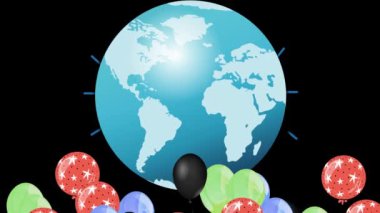 Animation of balloons over globe on black background. Global business and digital interface concept digitally generated video.