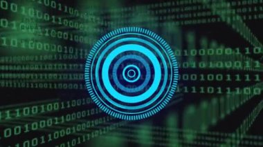 Siyah arkaplanda veri işleme üzerinde tarama kapsamı animasyonu. Küresel teknoloji, bilgisayar ve dijital arayüz kavramı dijital olarak oluşturulmuş video.