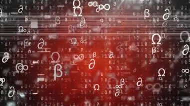 Animation of math symbols and binary code on red background. Global math, science and education concept digitally generated video.