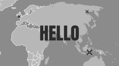 Animation of hello text over world map on grey background. World hello day concept digitally generated video.