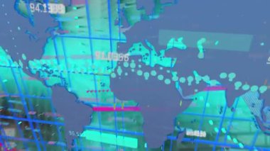 Animation of financial data processing and world map over cityscape. Global business and digital interface concept digitally generated video.