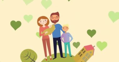 Sarı arka planda bebekleri ve kalpleri olan beyaz ebeveynlerin animasyonu. Aile ve evlat edinme kavramı dijital olarak oluşturulmuş video.