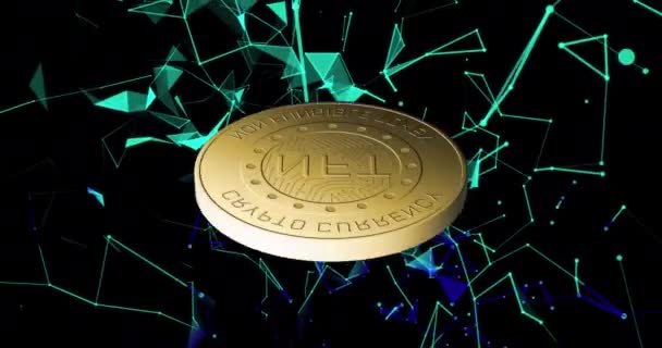 Animation Nft Text Golden Coin Network Connections Dark Background Global — ストック動画