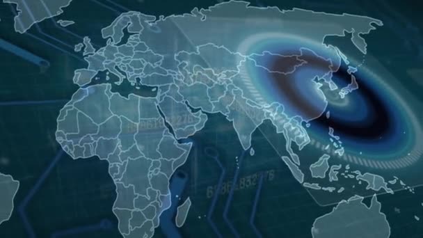 Animação Varredura Escopo Sobre Processamento Dados Mapa Mundo Conceito Tecnologia — Vídeo de Stock